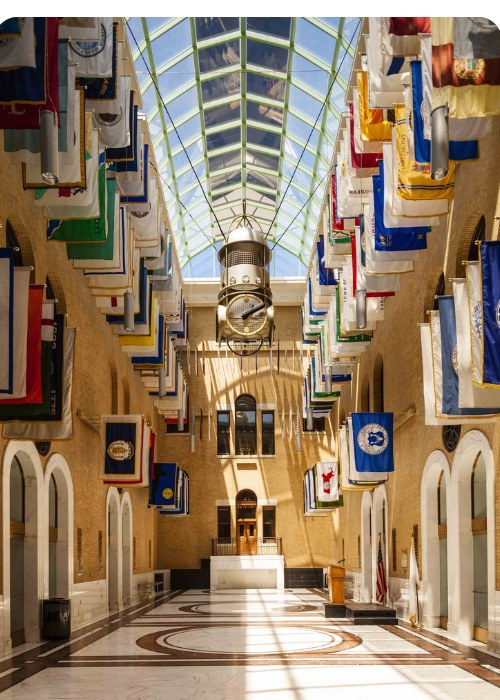 Massachusetts State House Hall of Flags, Boston USA, OKACELL photovoltaic skylight, diffuse daylight to marble floor and state flags in vault
