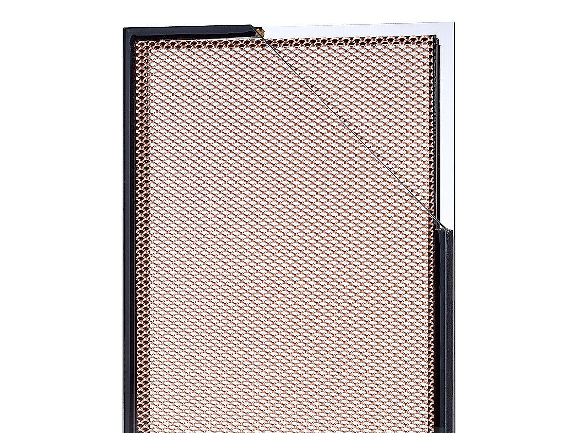 OKATECH Copper specimen, expanded copper mesh IGU panel, warm copper tone