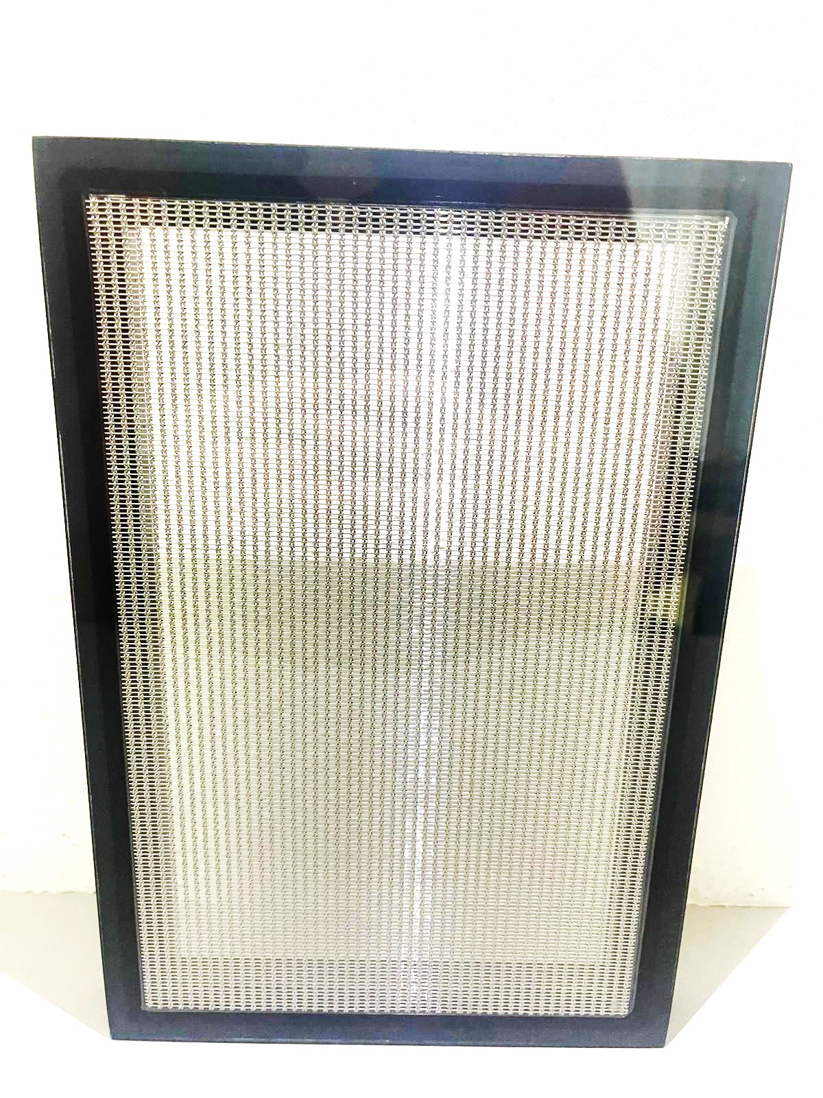OKATECH Kiwi specimen, woven steel mesh IGU panel, cool silver tone