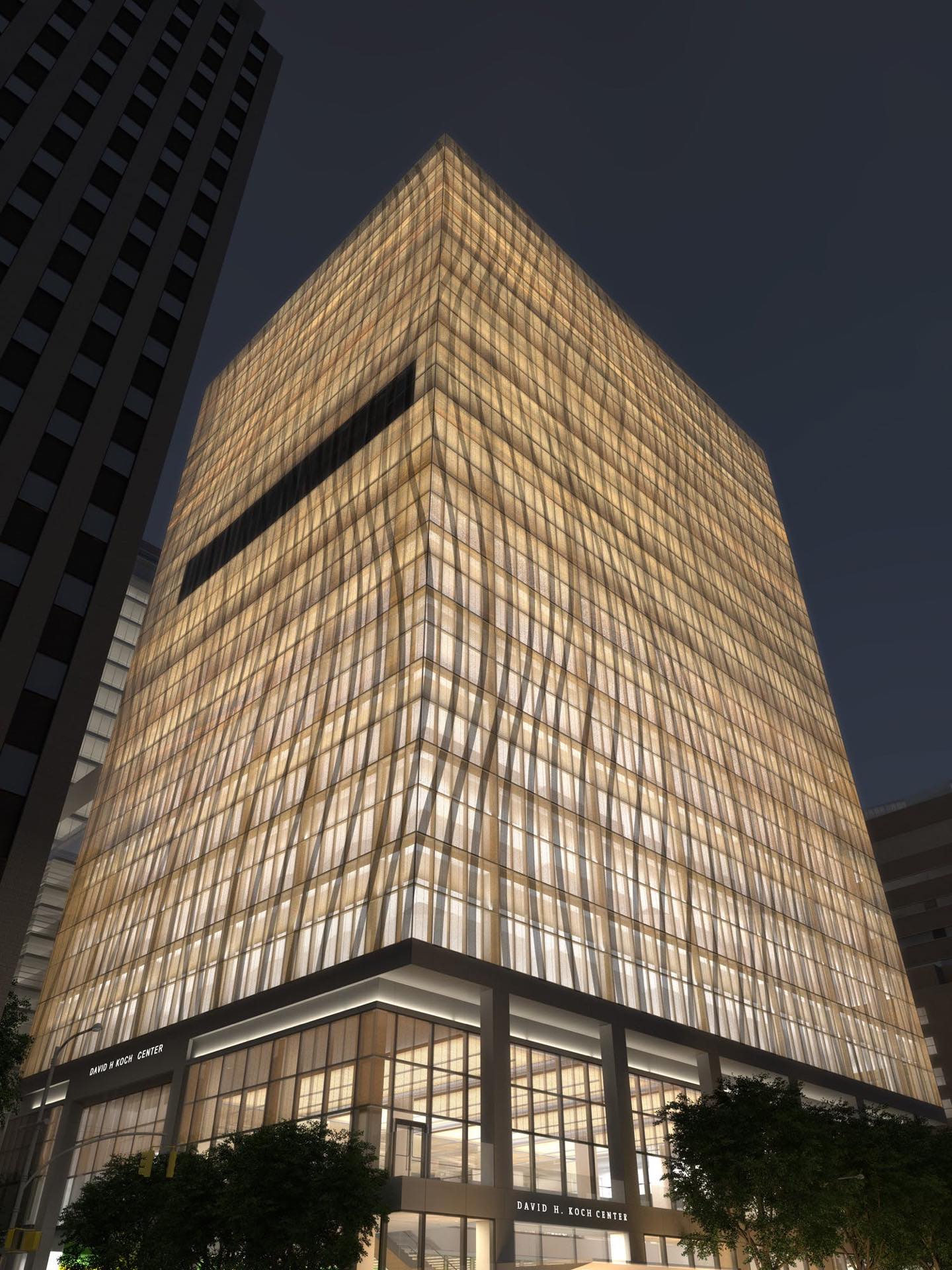 NewYork-Presbyterian David H. Koch Center at night — OKAWOOD facade glowing with warm wood-rib glazing, Manhattan