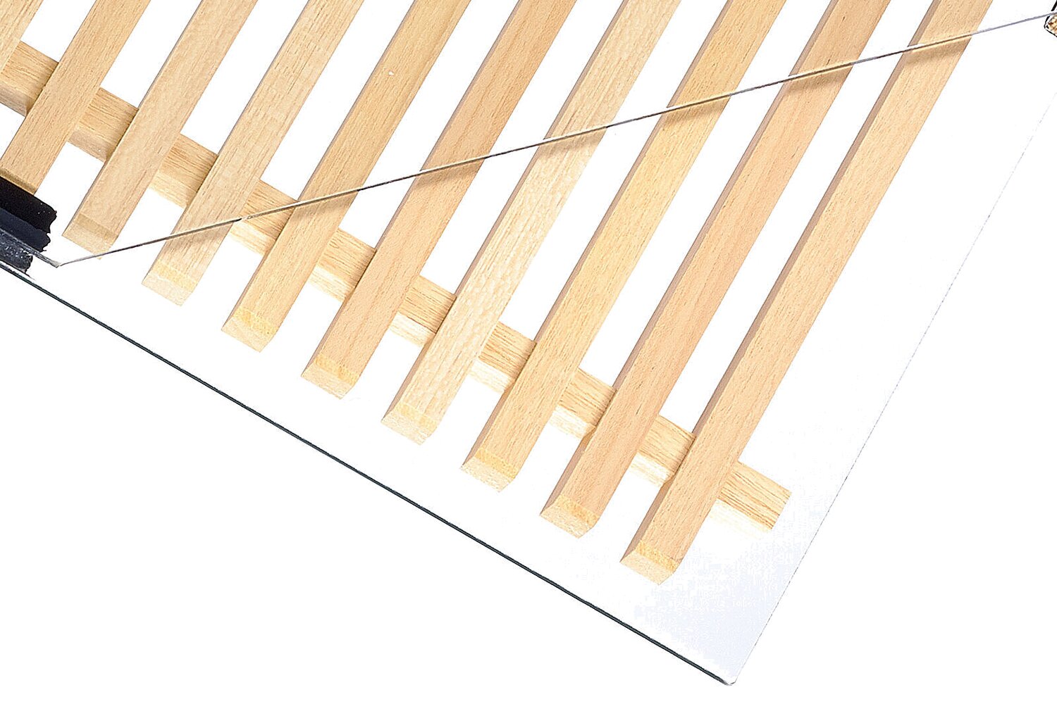 OKAWOOD wood slat insert sample showing light wood between glass panes